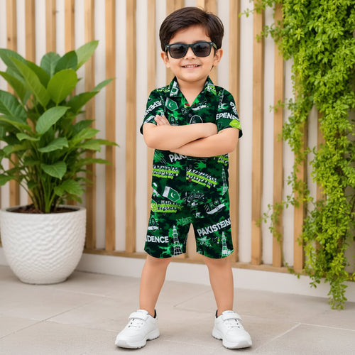 14 August 2 Pcs Boy's Dhanak Printed Shirt And Shorts Set