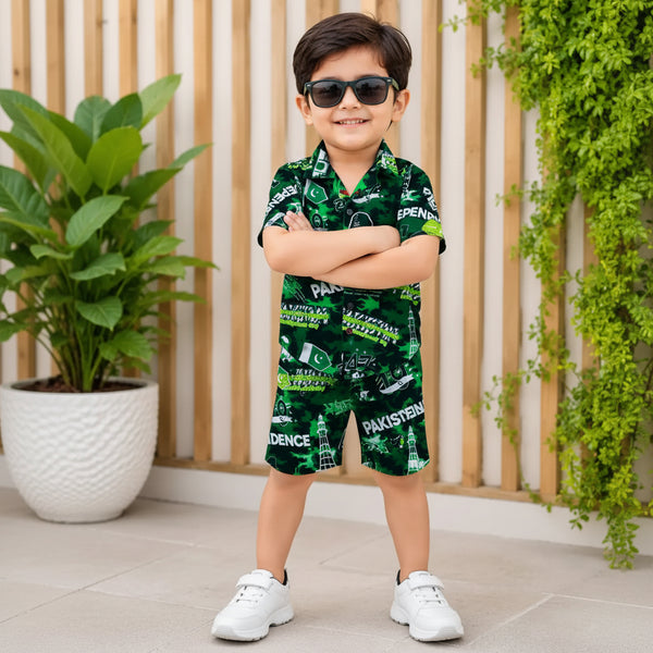 14 August 2 Pcs Boy's Dhanak Printed Shirt And Shorts Set