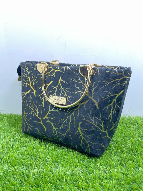 Girls Velvet Printed Handbag Blue 10x5x8"