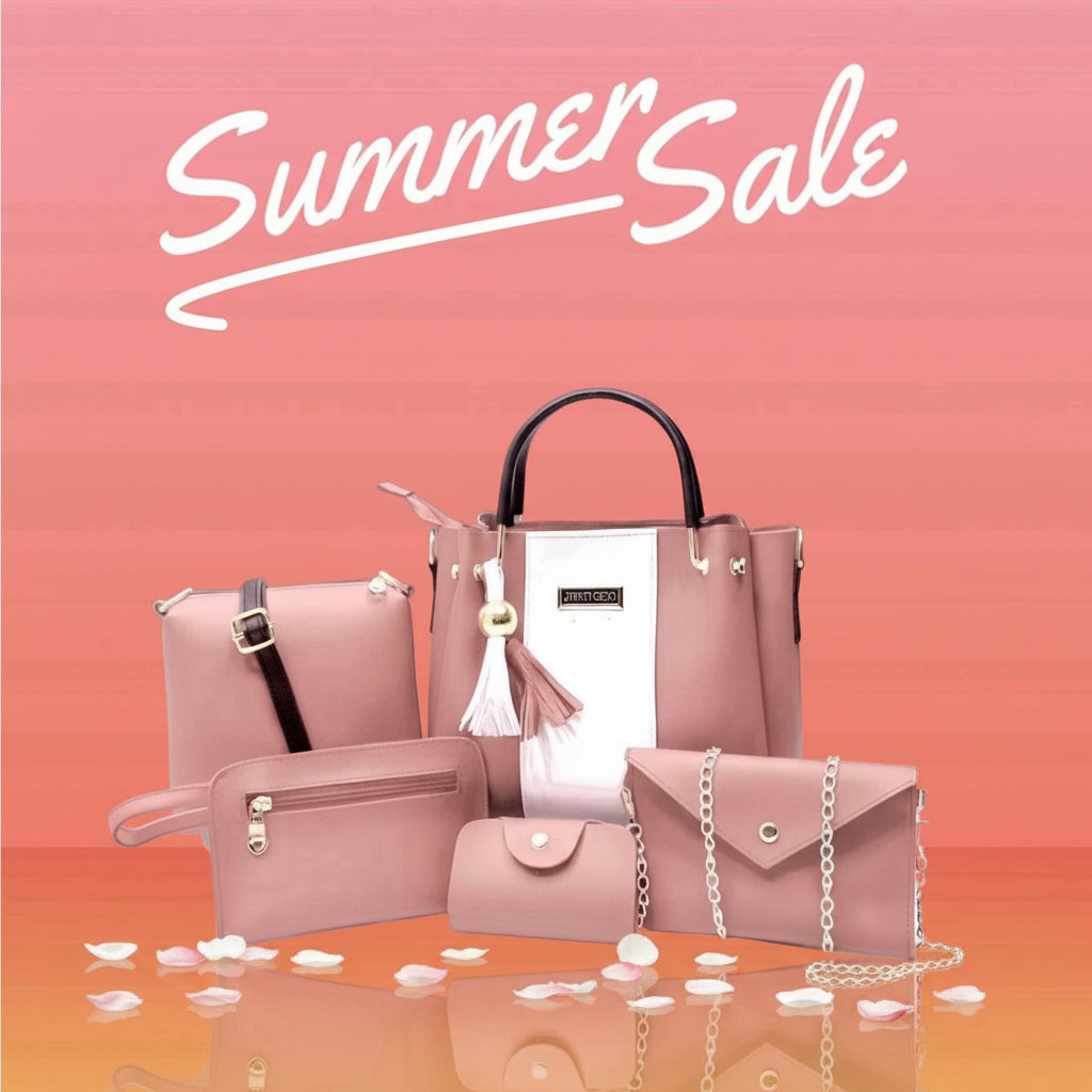 Women's Pink Rexine Handbag Set 5 Pcs