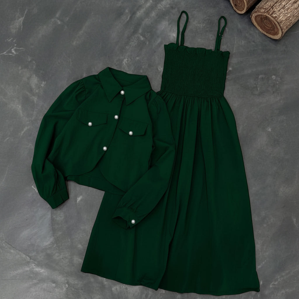 Green Linen 2Pcs Frock & Jacket Set