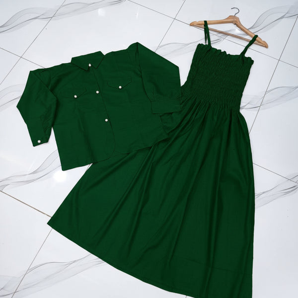 Green Linen 2Pcs Frock & Jacket Set