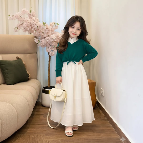 Girls Georgette Bow Top Maxi Set Green White