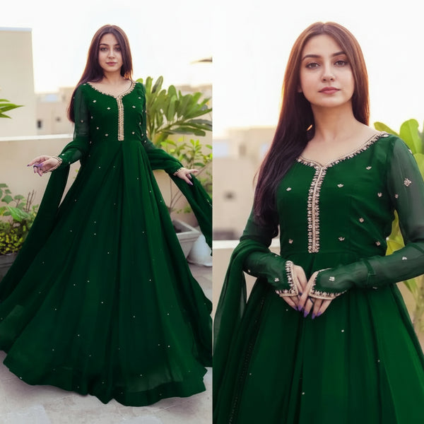 Green Embroidered Chiffon Maxi Set with Dupatta