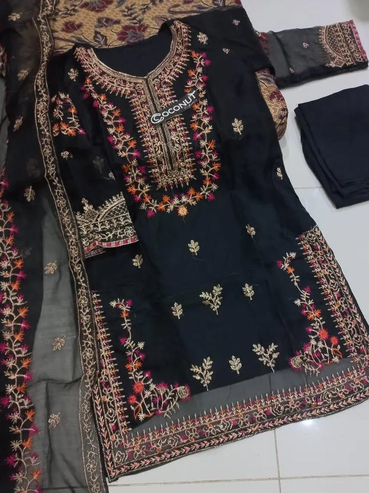 Black Embroidered 3-Piece Women Suit Eid Party Wear