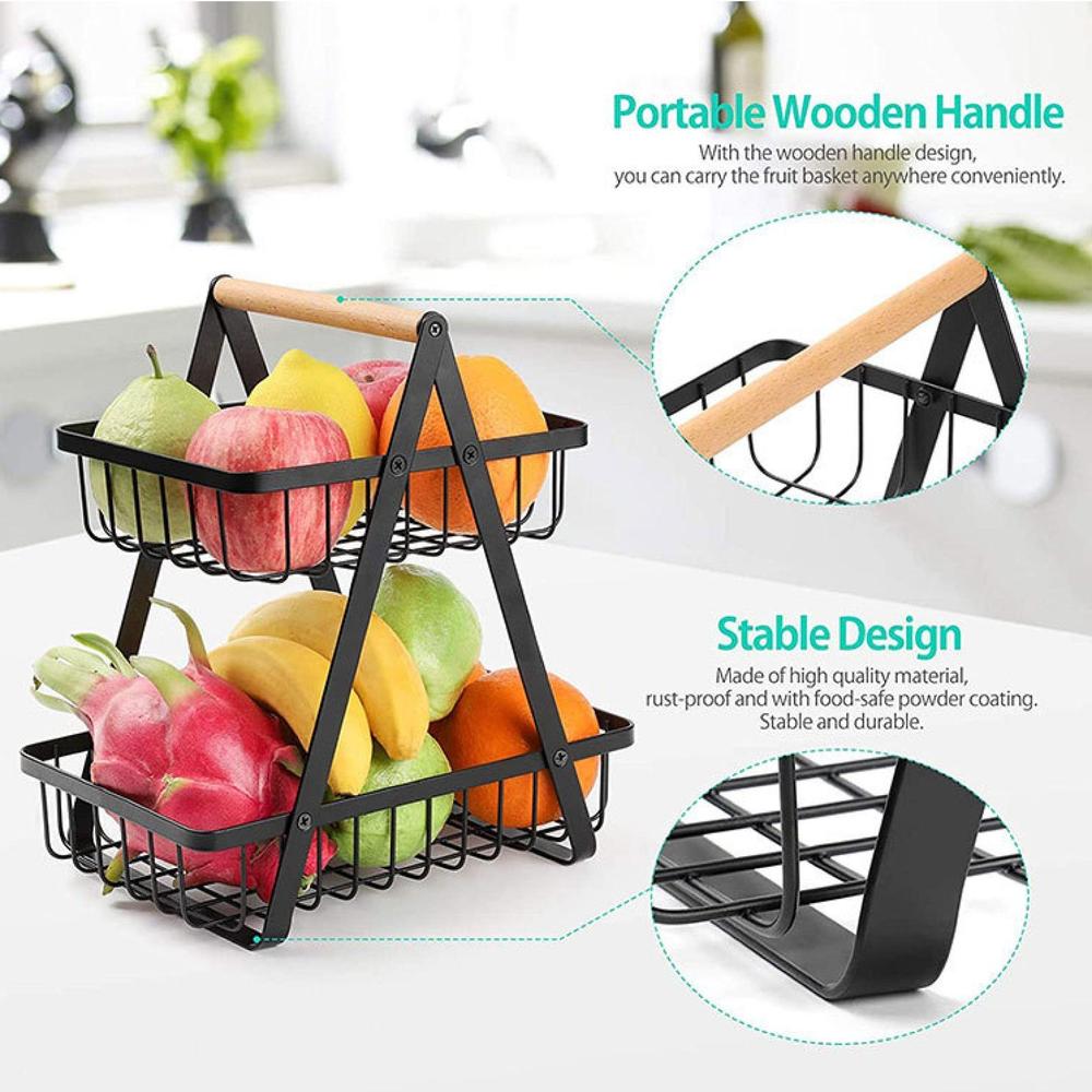 2-Layer Portable Fruit Basket Black Iron Rust-Proof