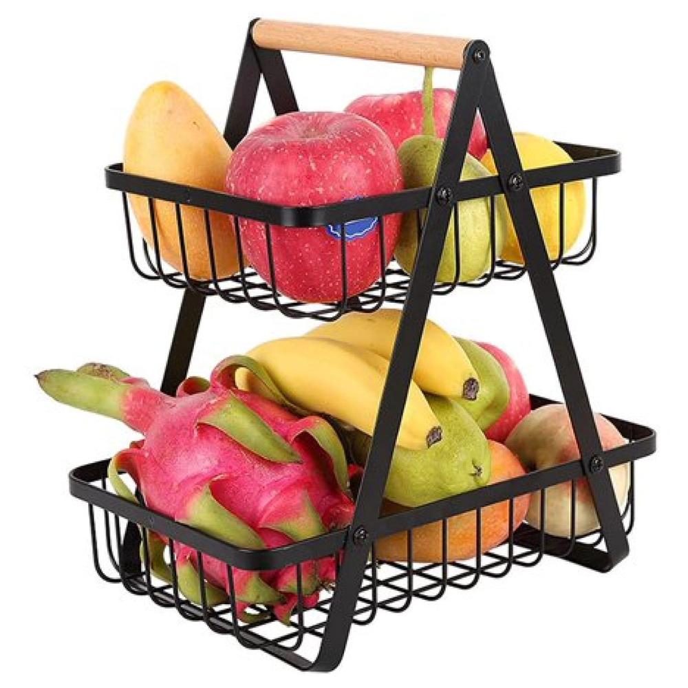 2-Layer Portable Fruit Basket Black Iron Rust-Proof
