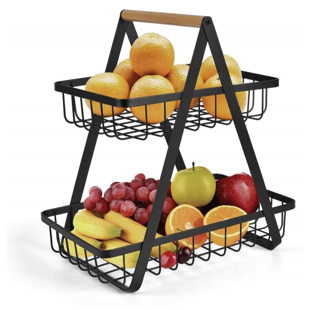 2-Layer Portable Fruit Basket Black Iron Rust-Proof