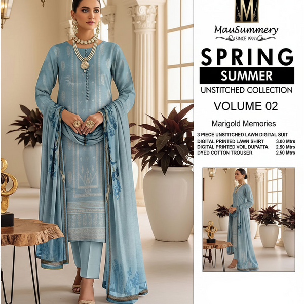 Unstitched Lawn Suit Blue Printed Spring Summer Collection