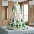 White Silk Maxi Suit with Green Floral Embroidery for Eid & Weddings
