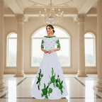 White Silk Maxi Suit with Green Floral Embroidery for Eid & Weddings