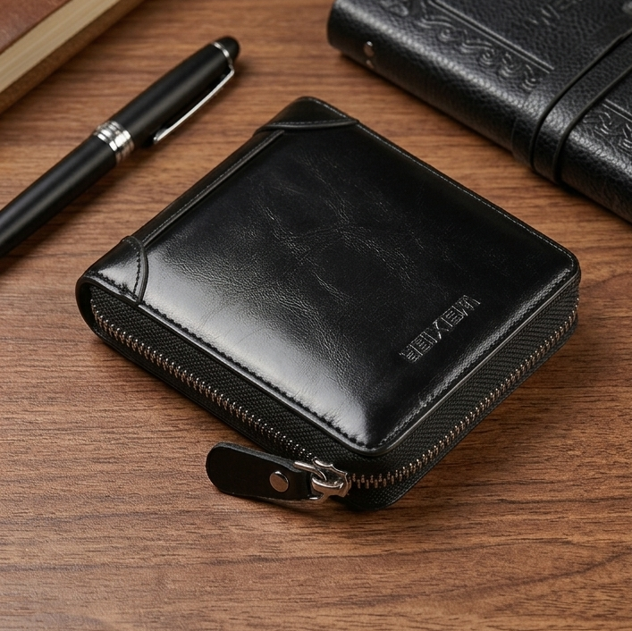 Black Leather Wallet for Men with Zipper Closure