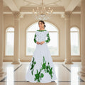 White Silk Maxi Suit with Green Floral Embroidery for Eid & Weddings