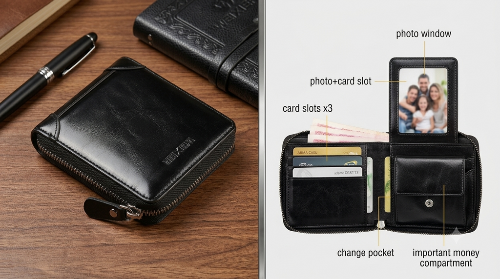 Black Leather Wallet for Men with Zipper Closure