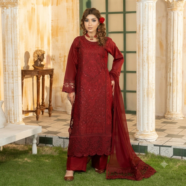 Simt - U3B Maroon Embroidered Lawn Suit for Women - 3 Pcs Set