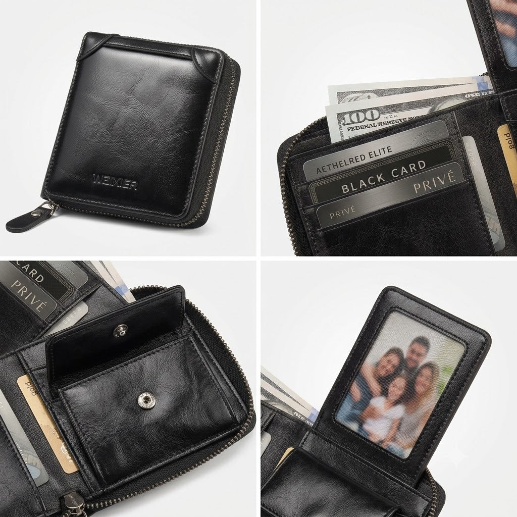 Black Leather Wallet for Men with Zipper Closure