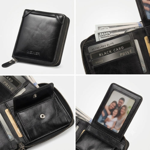 Black Leather Wallet for Men with Zipper Closure