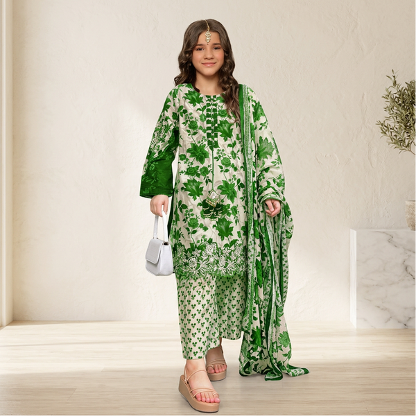 Green Floral Arabic Lawn 3-Piece Girl Suit